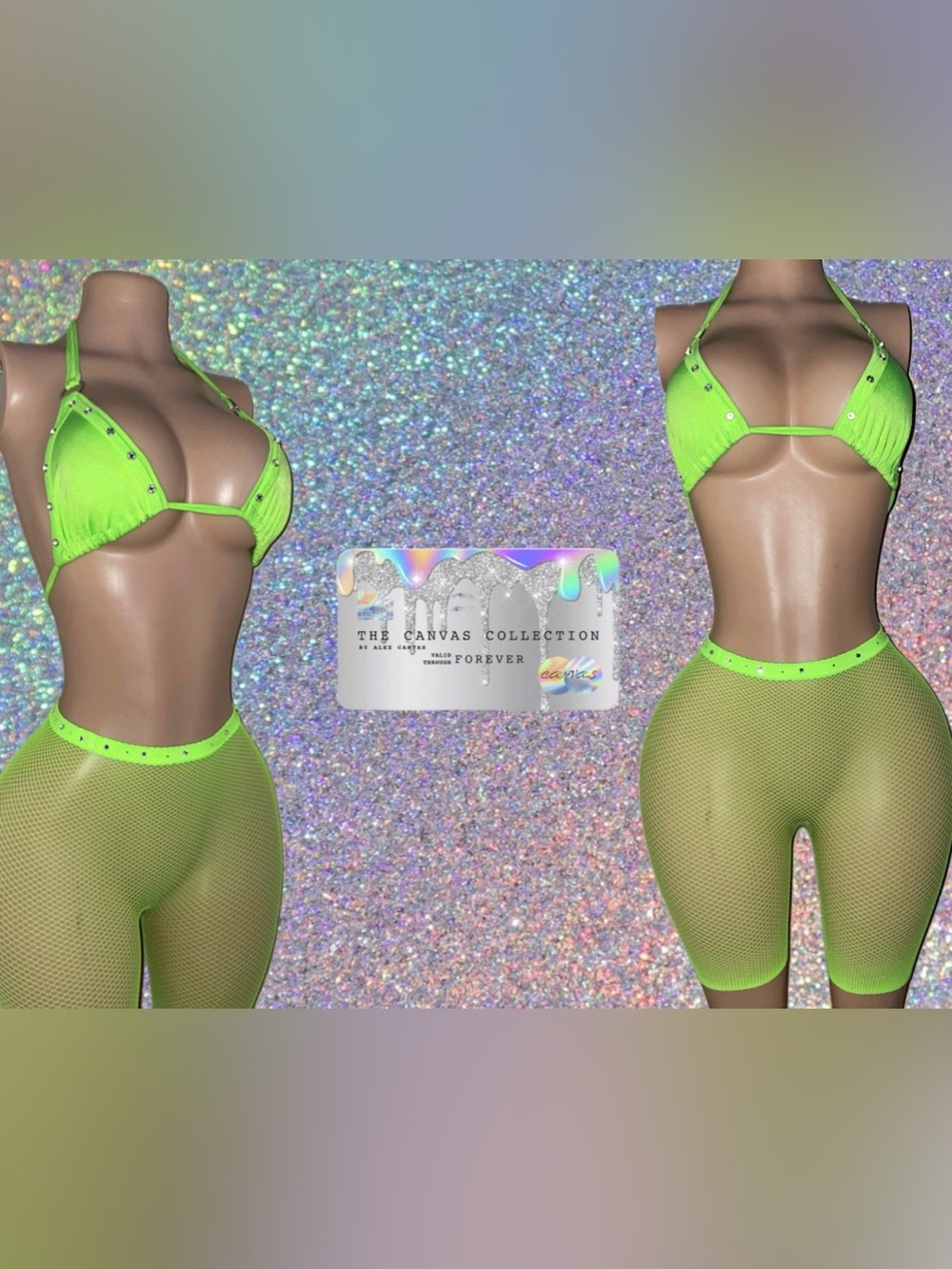 EXOTIC DANCEWEAR: Neon Green Mesh 2 piece Set with rhinestone & pasties